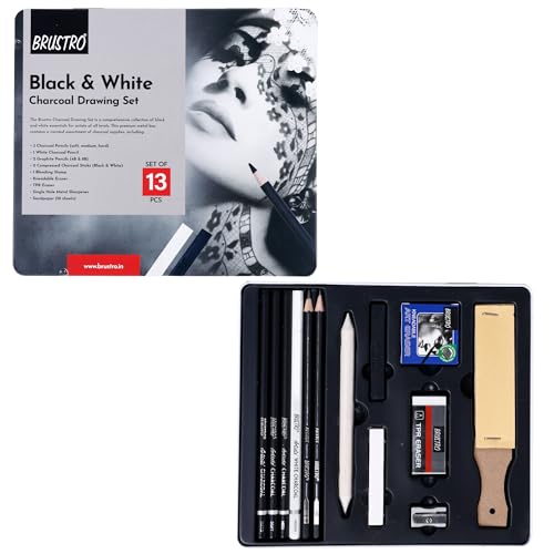 BRUSTRO Black White Charcoal Drawing Set of 13 Pcs in a Metal Box| Ideal For Sketching, Shading, Blending, Illustration, Portraits, Landscape and Fine Arts - Image 1