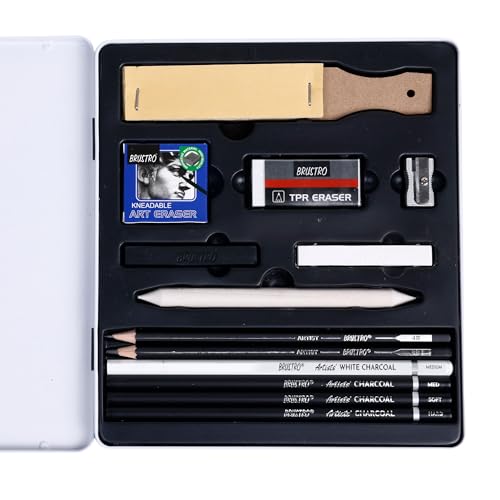 BRUSTRO Black White Charcoal Drawing Set of 13 Pcs in a Metal Box| Ideal For Sketching, Shading, Blending, Illustration, Portraits, Landscape and Fine Arts - Image 4