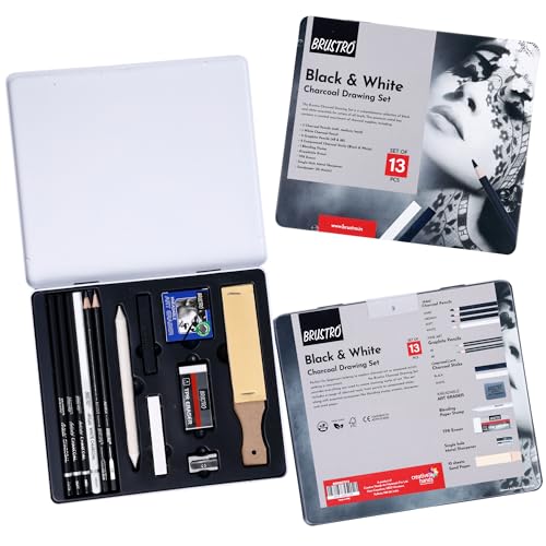 BRUSTRO Black White Charcoal Drawing Set of 13 Pcs in a Metal Box| Ideal For Sketching, Shading, Blending, Illustration, Portraits, Landscape and Fine Arts - Image 3