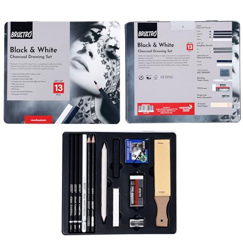 BRUSTRO Black White Charcoal Drawing Set of 13 Pcs in a Metal Box| Ideal For Sketching, Shading, Blending, Illustration, Portraits, Landscape and Fine Arts - Image 2