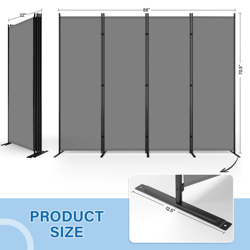 AKTOP 4 Panel Room Divider, 6FT Portable Wall Divider for Room Separation, 88" W Fabric Partition Room Dividers and Folding Privacy Screens, Freestanding Room Separators for Home Office Bedroom, Grey - Image 2