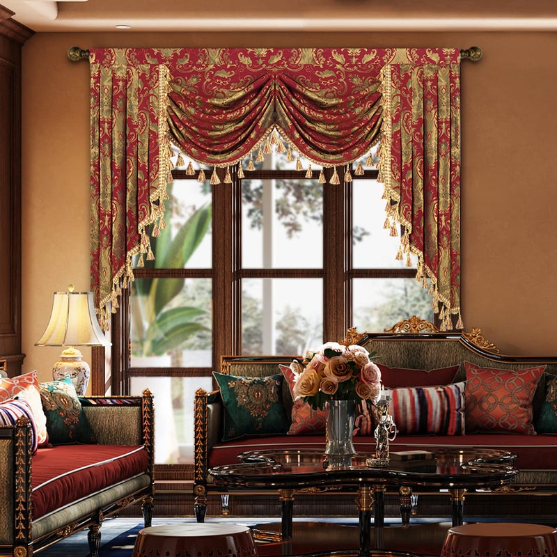Loom and Mill Luxury Waterfall Valance for Living Room Classic Damask Jacquard Swag Valances with Tassels Red Swag Curtains for Bedroom Windows Banquet Christmas Decor Rod PocketW59Inch1 Panel