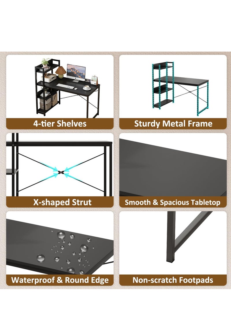 ZUIHAO 110*60cm Computer Desk with 4 Tier Shelves for Home Office Writing Study Table with Bookshelf Multipurpose Industrial Wood Desk Workstation with Metal Frame for PC Laptop - Image 2
