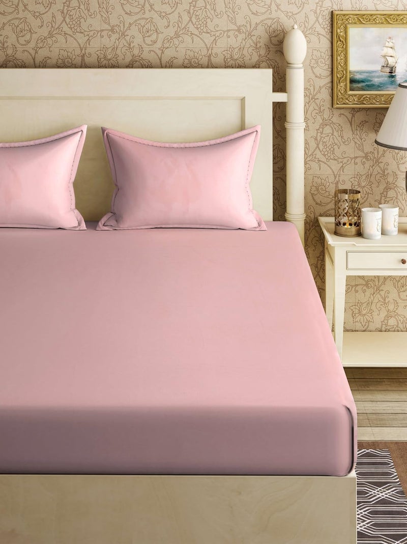 KLOTTHE Supersoft Cotton Blend Feel Glace Cotton King Size Printed Flat Double Bedsheet wih 2 Pillow Covers II 300 TC, 90"x100" Inch, LightPink - Image 2
