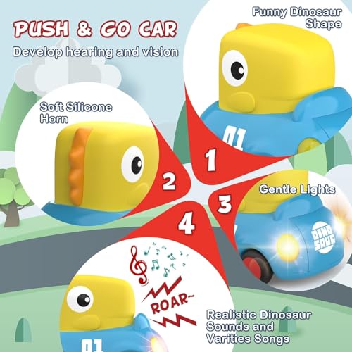 GRAPHENE Dinosaur Push and Go Toy Cars with Lights & Sound, Friction Car Toys, Educational Music Gift for 2 + Year Old Toddlers Boys Girls Kids Multicolour Pack of 1 with Random Design - Image 2