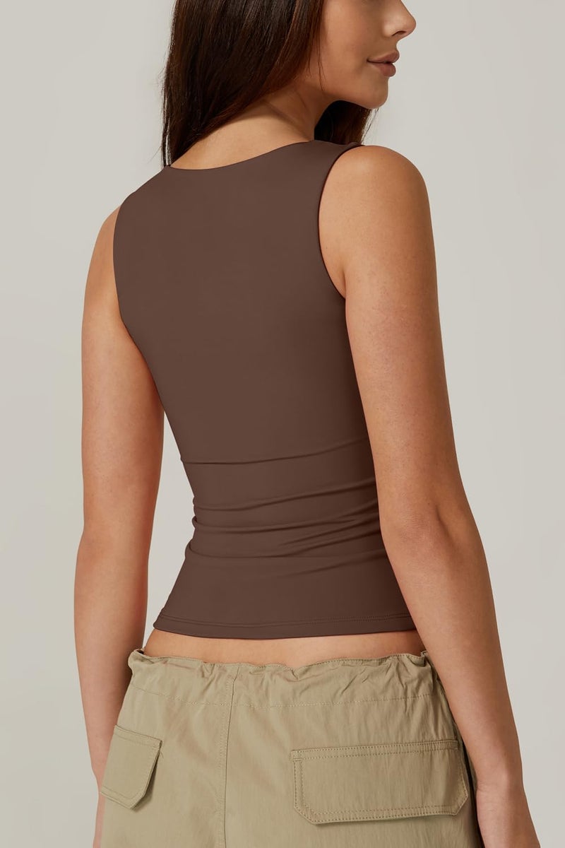 QINSEN Womens Tank Top Sleeveless Square Neck Casual Basic Fitted T- Shirts Brown M - Image 4