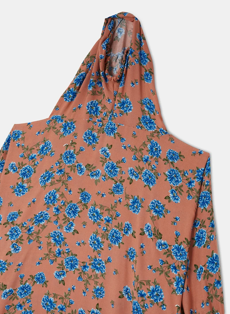 Hayat Praying Dress With Floral Prints And With Attached Veil