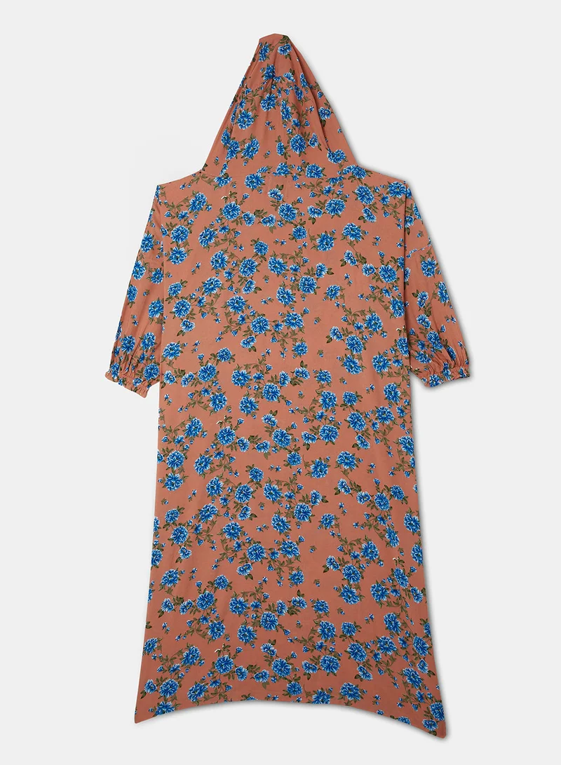 Hayat Praying Dress With Floral Prints And With Attached Veil
