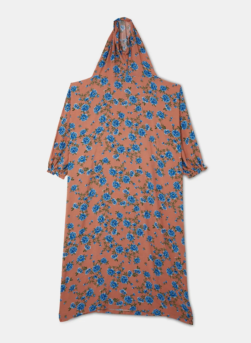 Hayat Praying Dress With Floral Prints And With Attached Veil