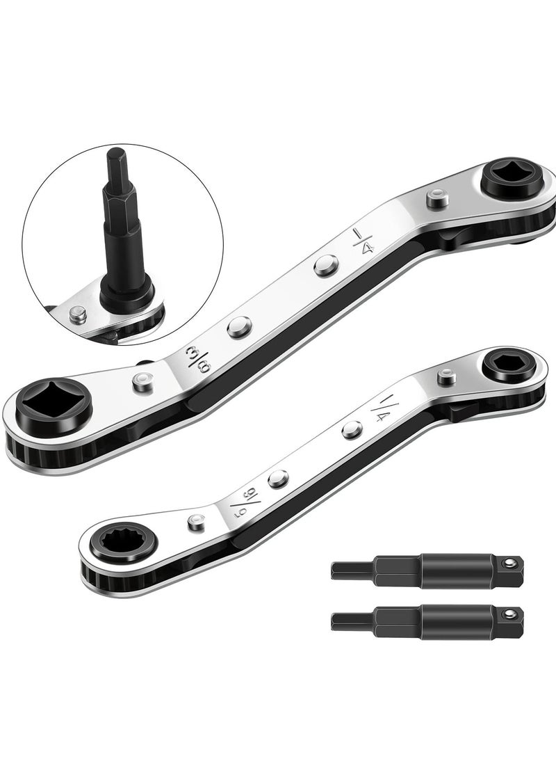 SYOSI Hvac Service Wrench Refrigeration Service Wrench Set, 3/8 to 1/4, and 5/16 to 1/4, Ratchet Wrench Refrigeration Tool Set Air Conditioner Valve with Hexagon Bit Adapter Kit for Equipment Repair - Image 1