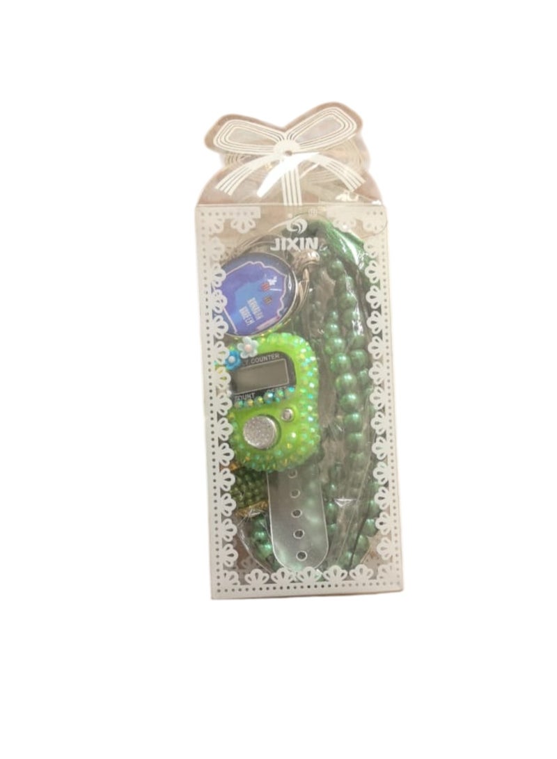 Huitich Islamic Gift Set with Keychain Digital Tasbeeh Counter & Prayer Beads Green - Image 2