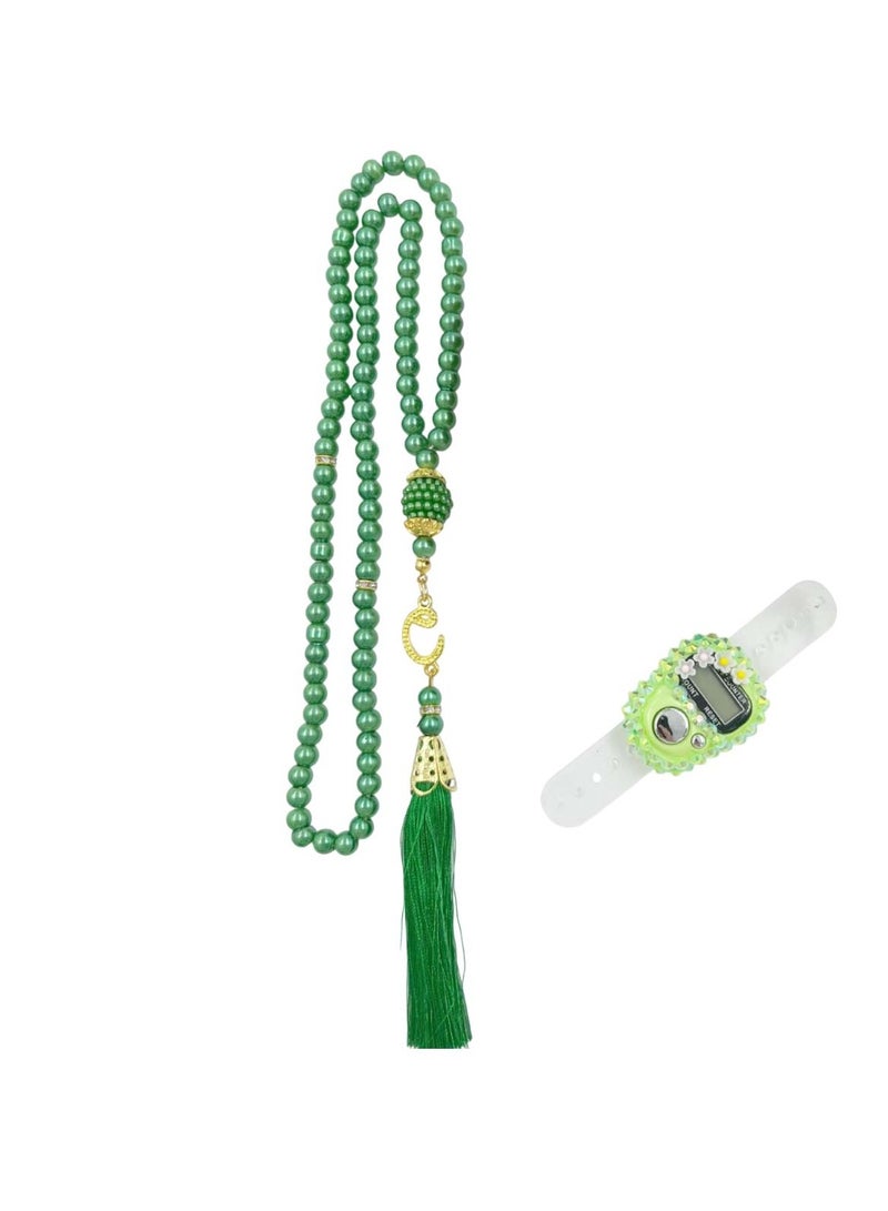 Huitich Islamic Gift Set with Keychain Digital Tasbeeh Counter & Prayer Beads Green - Image 3