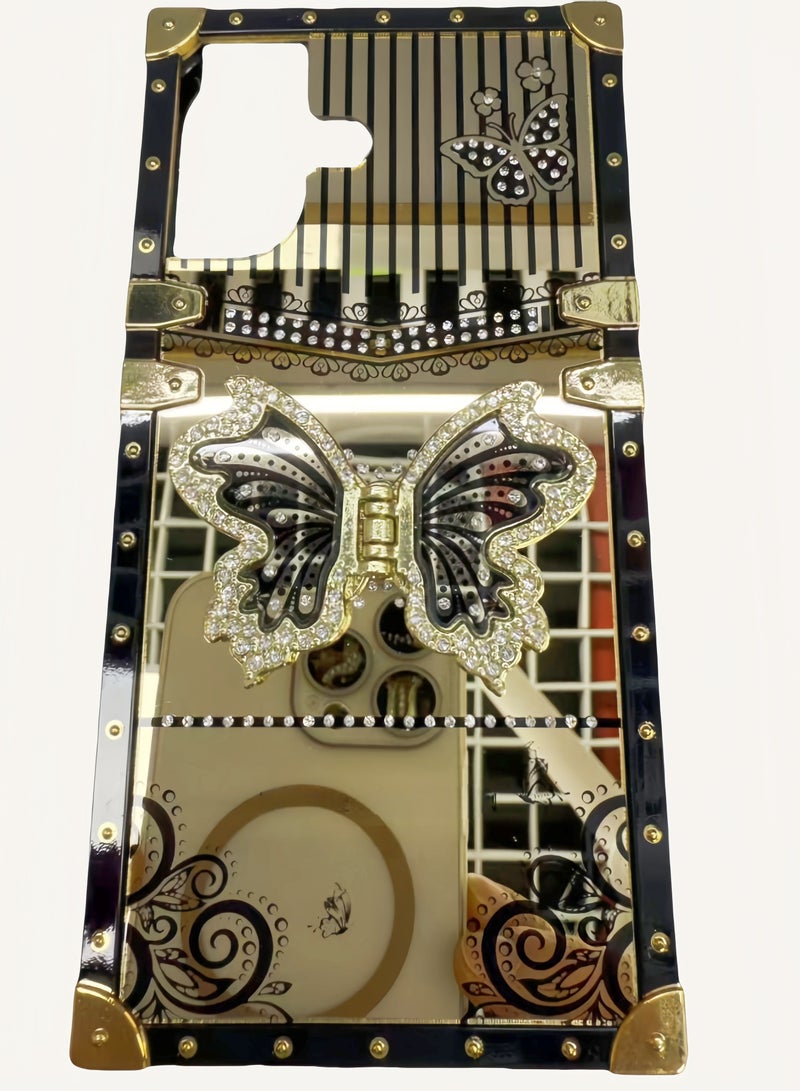 جراب iPhone 16 مربع ذهبي: غطاء فاخر أسود ذهبي مع حامل فراشة - تصميم عصري مقاوم للصدمات والخدش - Image 1