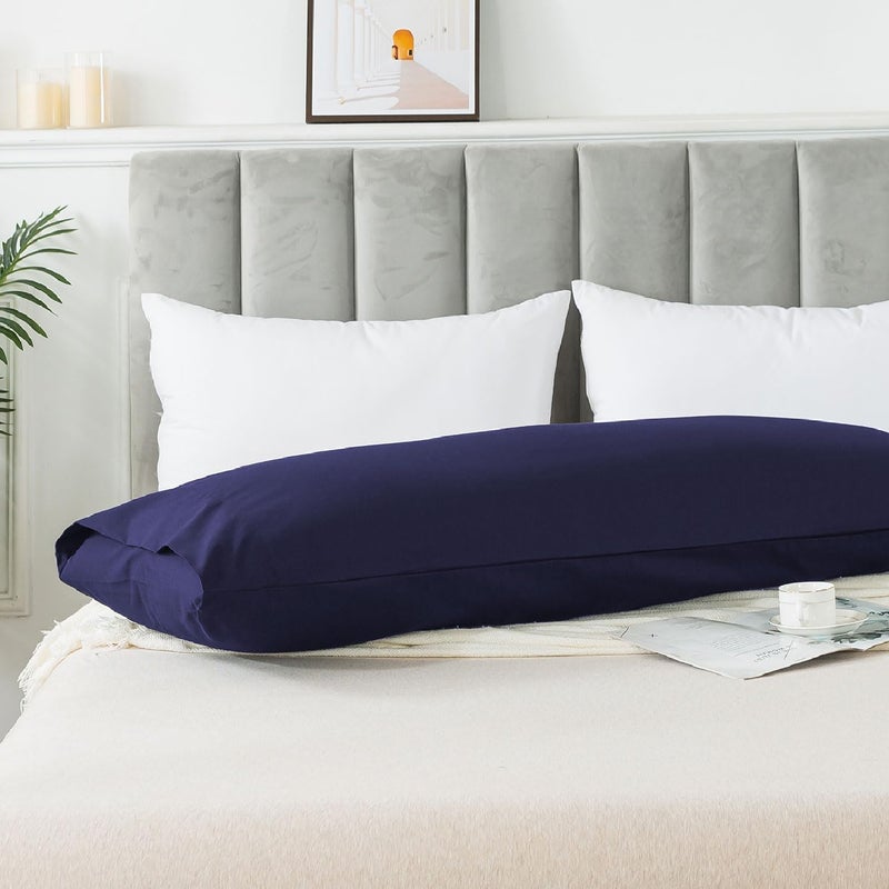 غطاء وسادة الجسم من قماش قطني من WhatsBedding، كيس وسادة طويل قابل للتنفس وصديق للبشرة، إغلاق مغلف - أزرق داكن (20 × 54 بوصة) - Image 2