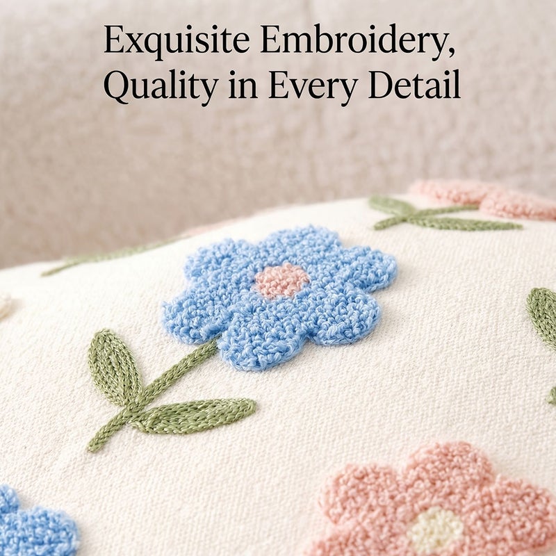 Beige FlowersChenille 3D Embroidery Daisy Pillowcase 17.72x17.24 Soft Cushion Cover for Sofa - Image 2