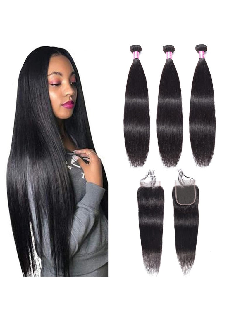 FQ Peruvian Straight Hair Bundles Human Hair Bundles with Closure18 20 2214Unprocessed Virgin Human Hair 3 Bundles with Closure 10A Straight Remy Hair Weave Bundles with 4x4 Lace Closure Natural Color 