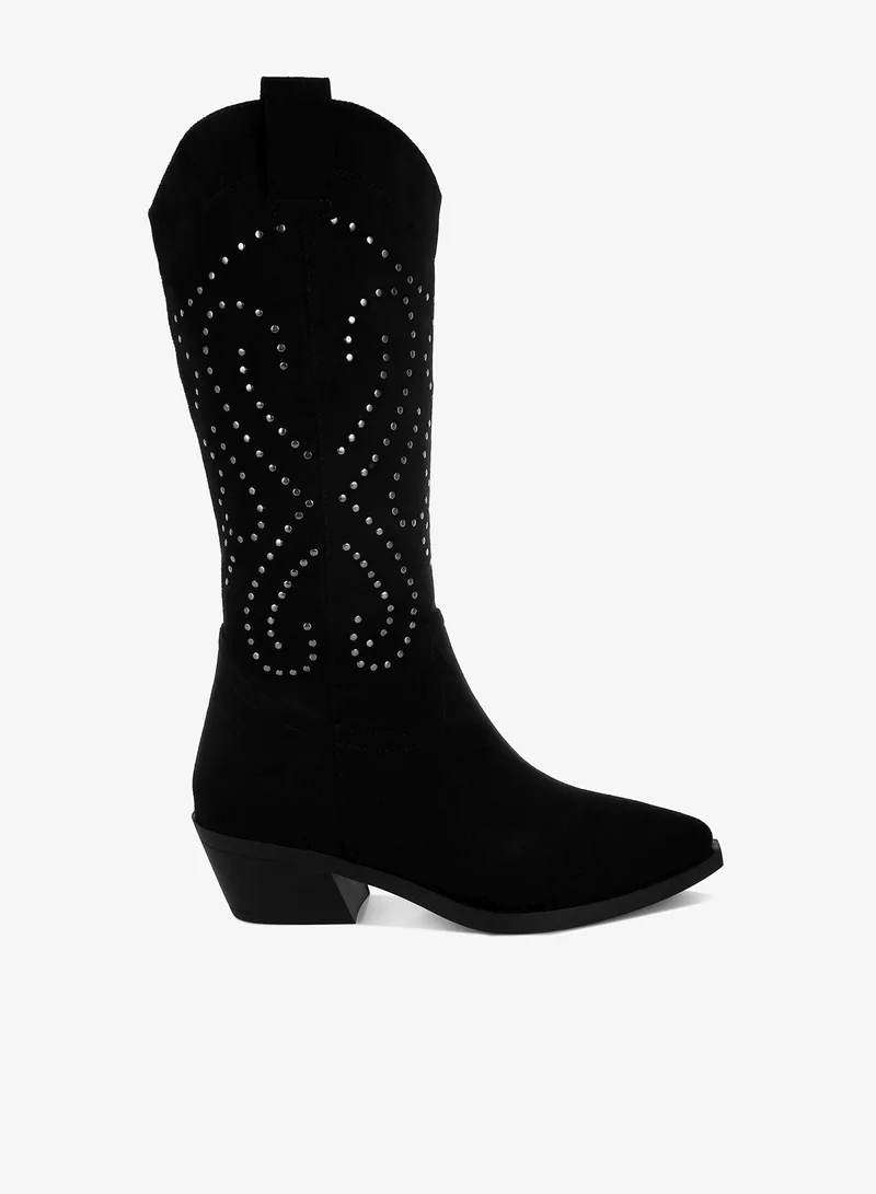 Studs Embellished Cowboy Boots in Black