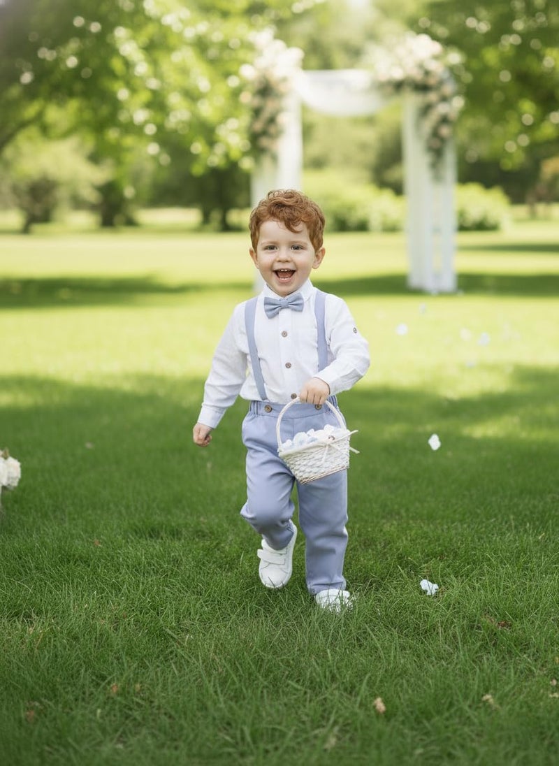 Volunboy Toddler Boys Wedding 4Pcs Linen Set Baby Formal Gentleman Suspenders Bowtie Outfits Long Sleeve Dress Clothes (Lightskyblue, 12-18 Months) - Image 2