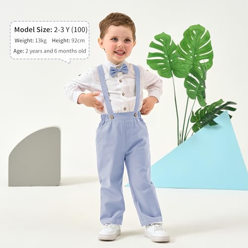 Volunboy Toddler Boys Wedding 4Pcs Linen Set Baby Formal Gentleman Suspenders Bowtie Outfits Long Sleeve Dress Clothes (Lightskyblue, 12-18 Months) - Image 4