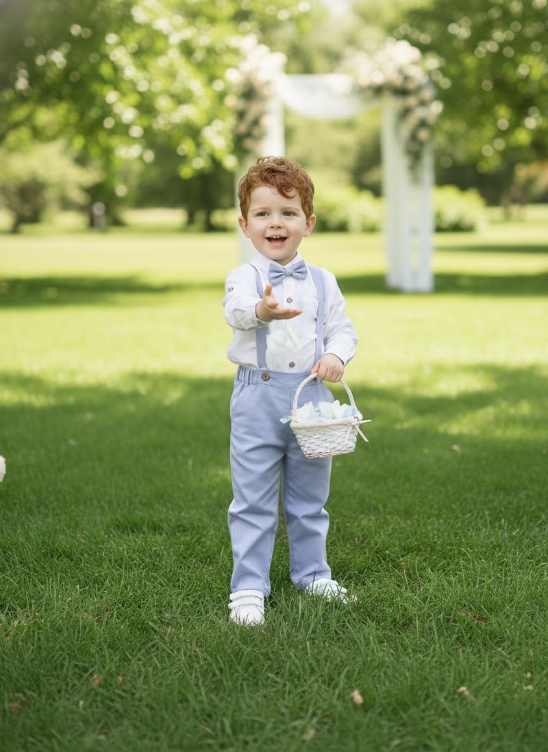 Volunboy Toddler Boys Wedding 4Pcs Linen Set Baby Formal Gentleman Suspenders Bowtie Outfits Long Sleeve Dress Clothes (Lightskyblue, 12-18 Months) - Image 3
