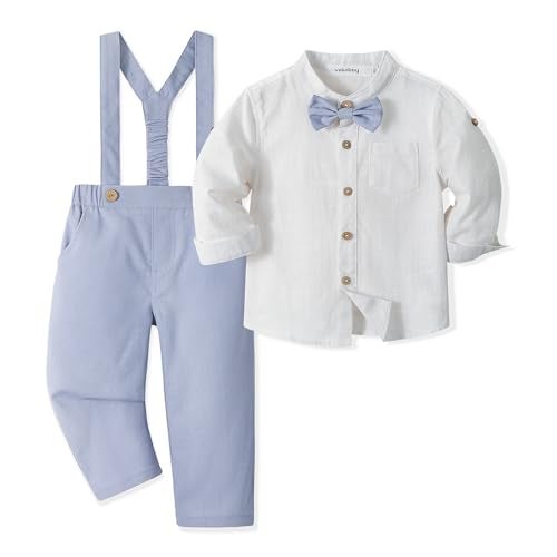 Volunboy Toddler Boys Wedding 4Pcs Linen Set Baby Formal Gentleman Suspenders Bowtie Outfits Long Sleeve Dress Clothes (Lightskyblue, 12-18 Months) - Image 1
