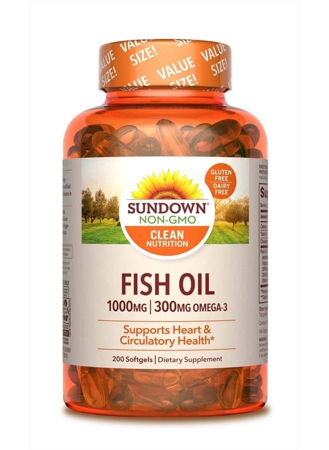 Sundown - Fish Oil 1000 mg, Omega 3 Dietary Supplement, Supports Heart Health, 200 Softgels - Image 1