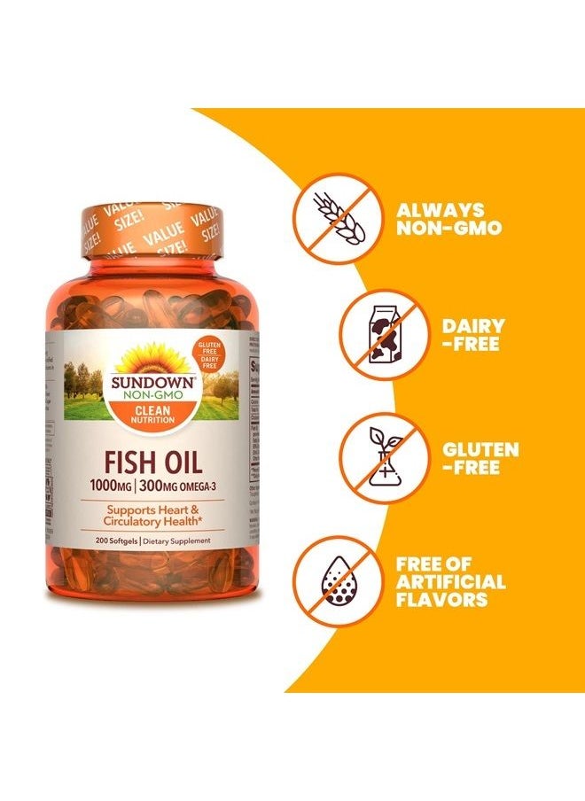 Sundown - Fish Oil 1000 mg, Omega 3 Dietary Supplement, Supports Heart Health, 200 Softgels - Image 1