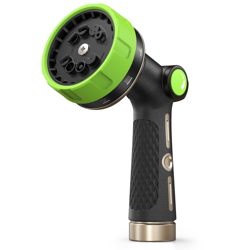 RAINPOINT Garden Hose Nozzle Heavy Duty - 100% Metal Thumb Control Spray Nozzles for Garden Hose High Pressure, 10 Patterns Water Hose Nozzle for Car Wash, Watering Lawn and Pets, Green - Image 1
