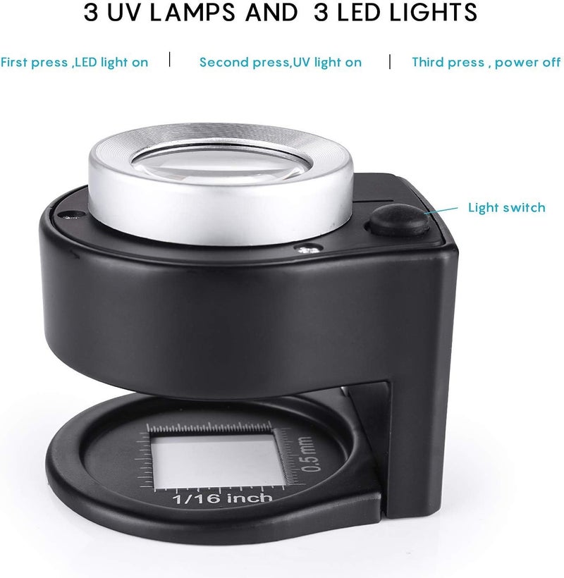 Amoper 30X Loupe Magnifier with 6 Light, Desktop Portable Metal Magnifier Folding Scale Sewing Magnifying Glass for Textile Optical Jewelry Tool Coins Currency (Black) - Image 2