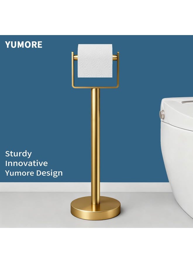 YUMORE Toilet Paper Holder Free Standing, Stainless Steel Toilet Paper Stand, Weighted Base Floor Tissue Roll Holder for Bathroom,Gold 200UP - Image 2
