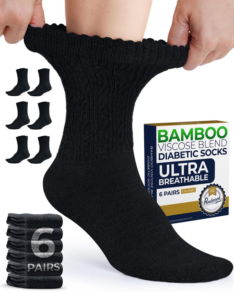 Pembrook Diabetic Socks for Women - 6 Pairs Cable Knit Womens Diabetic Socks, Bamboo Viscose, Non-Binding Top, Moisture-Wicking, Black - Image 1