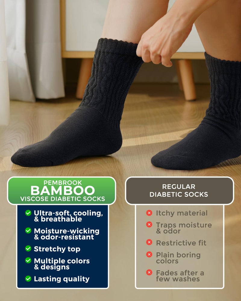 Pembrook Diabetic Socks for Women - 6 Pairs Cable Knit Womens Diabetic Socks, Bamboo Viscose, Non-Binding Top, Moisture-Wicking, Black - Image 3