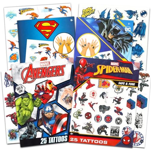 Superhero Tattoos for Kids Bundle  100 Pcs Marvel and DC Super Hero Temporary Tattoos for Boys Girls  Spiderman Avengers Superman Batman Superhero Party Favors Party Supplies