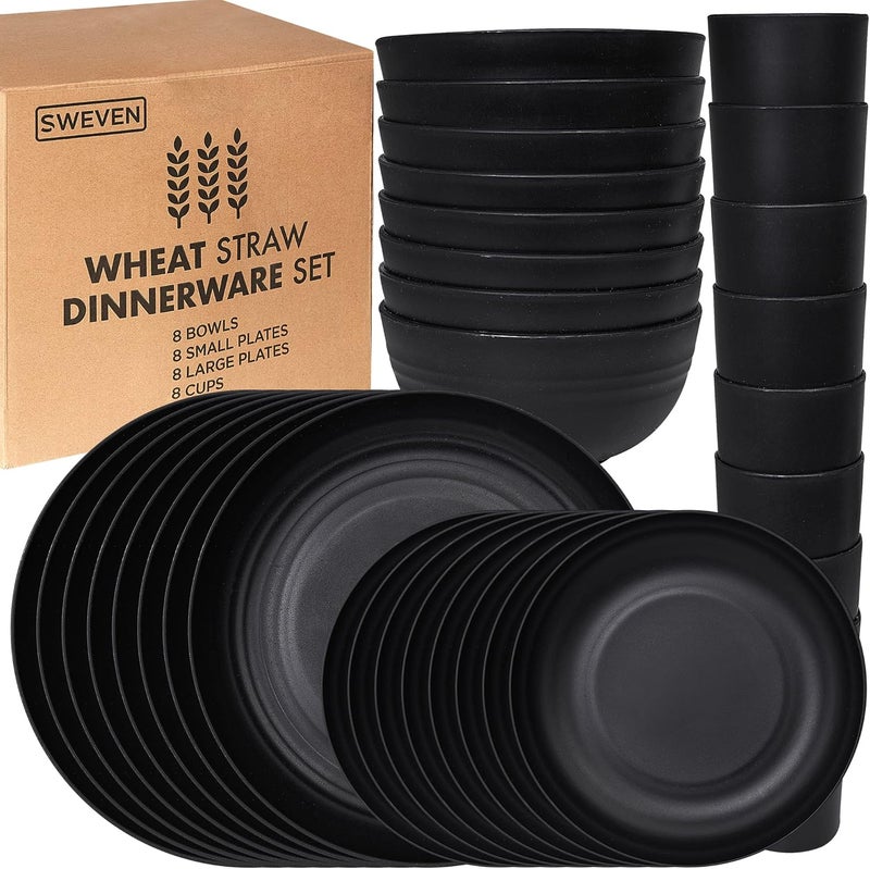 SWEVEN Wheat Straw Dinnerware Sets | Unbreakable Dinnerware Sets | Dishwasher Microwave Safe Dinnerware | Eco Friendly Non Breakable Dinnerware Sets | RV Outdoor Camping (Black, Service for 8 (32 pcs)) - Image 1