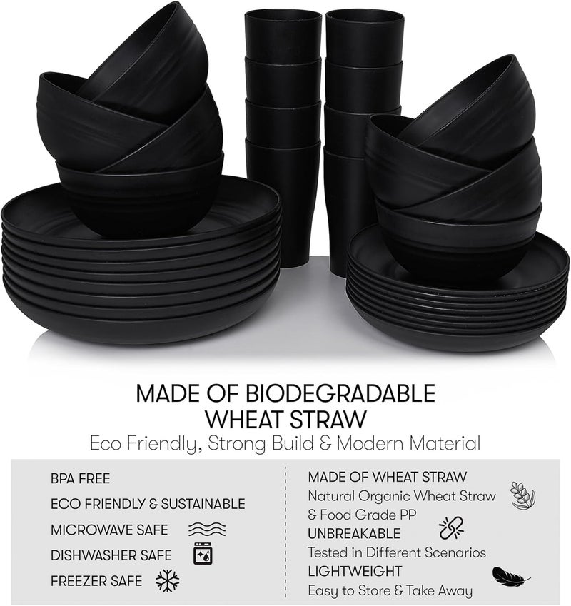 SWEVEN Wheat Straw Dinnerware Sets | Unbreakable Dinnerware Sets | Dishwasher Microwave Safe Dinnerware | Eco Friendly Non Breakable Dinnerware Sets | RV Outdoor Camping (Black, Service for 8 (32 pcs)) - Image 3
