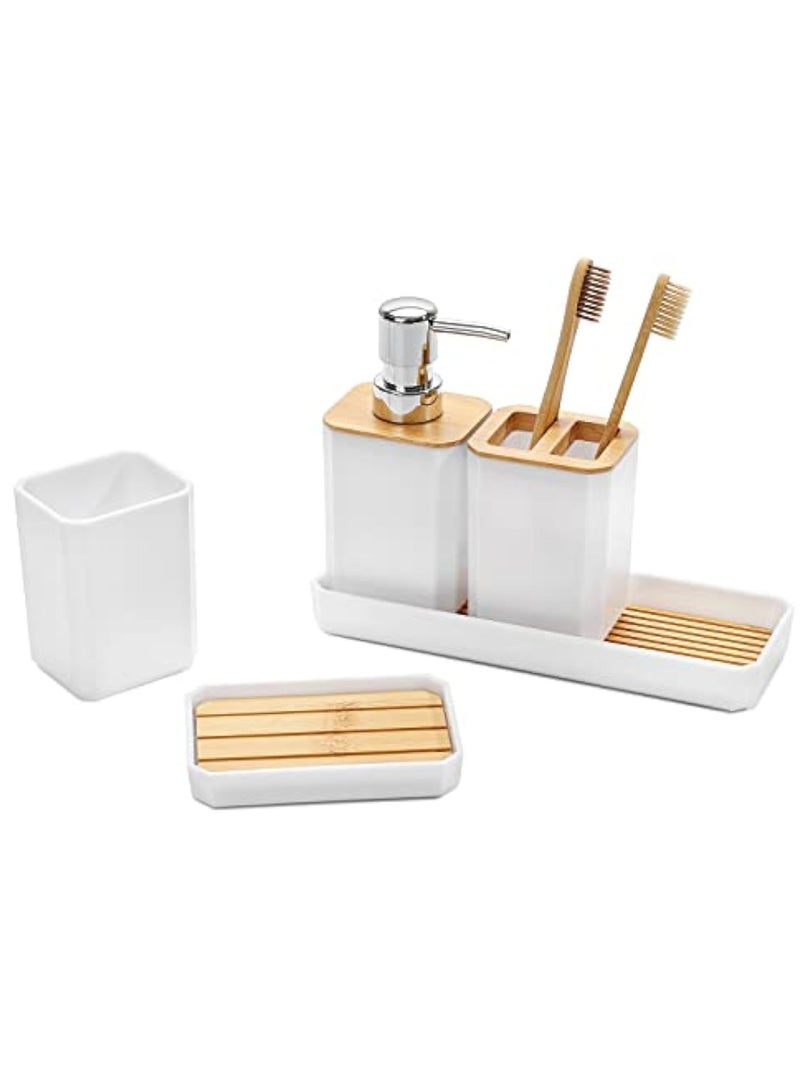 Bathroom Accessories Set,5 Pcs Bathroom Accessory Gift Set, Soap Dispenser, Soap Dish, Toothbrush Holder, Toothbrush Cup, Vanity Tray, Boho, Modern Bathroom Decor (White) - Image 2