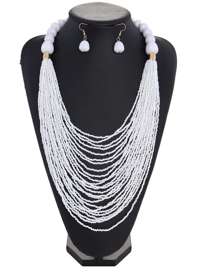 بوكار طقم عقد وأقراط من بوكار متعدد الطبقات بتصميم سلسلة طويلة وخرز سميك، هدية مثالية للنساء (NK-10693-أبيض) - Image 3