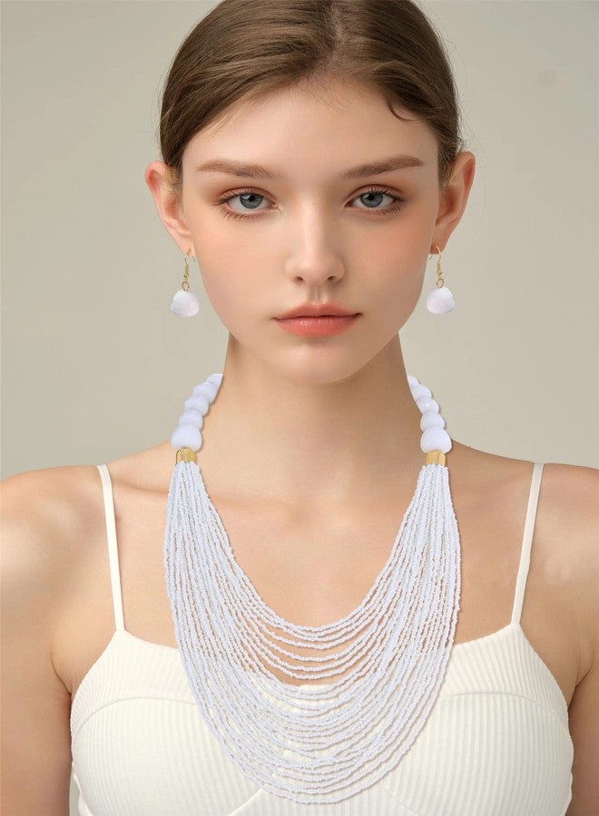 بوكار طقم عقد وأقراط من بوكار متعدد الطبقات بتصميم سلسلة طويلة وخرز سميك، هدية مثالية للنساء (NK-10693-أبيض) - Image 2