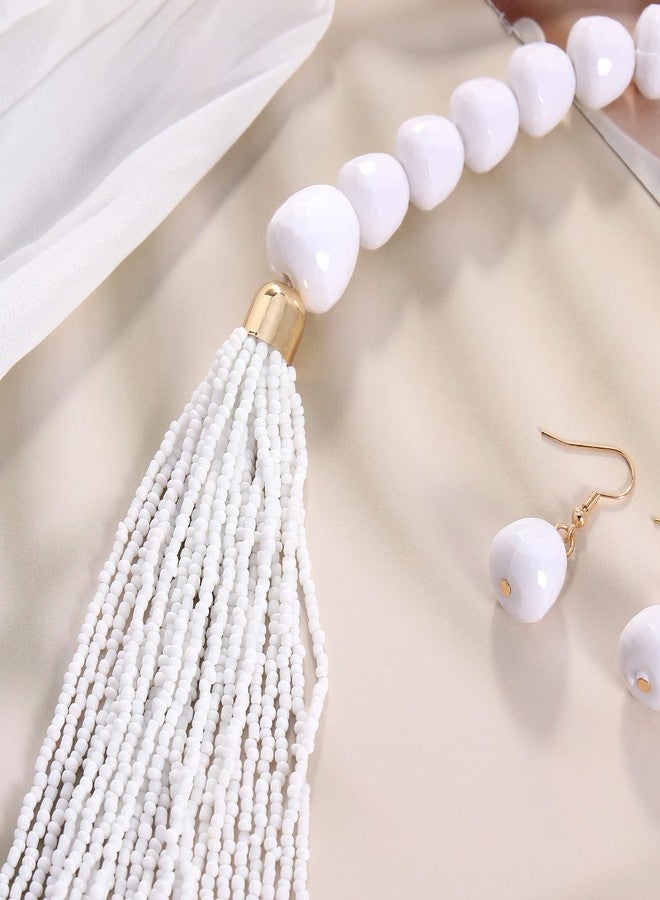 بوكار طقم عقد وأقراط من بوكار متعدد الطبقات بتصميم سلسلة طويلة وخرز سميك، هدية مثالية للنساء (NK-10693-أبيض) - Image 5