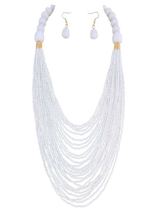 بوكار طقم عقد وأقراط من بوكار متعدد الطبقات بتصميم سلسلة طويلة وخرز سميك، هدية مثالية للنساء (NK-10693-أبيض) - Image 1