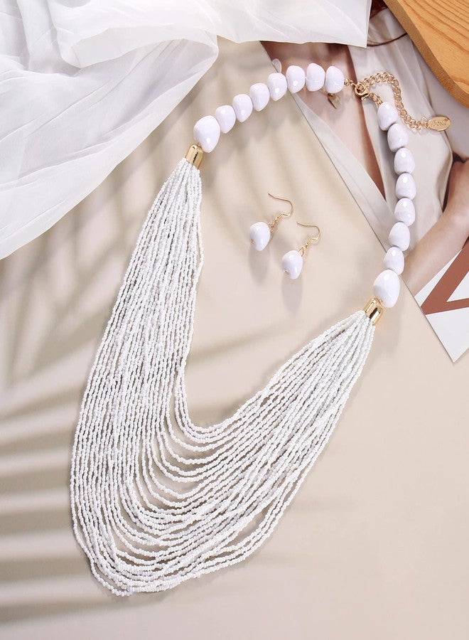 بوكار طقم عقد وأقراط من بوكار متعدد الطبقات بتصميم سلسلة طويلة وخرز سميك، هدية مثالية للنساء (NK-10693-أبيض) - Image 4