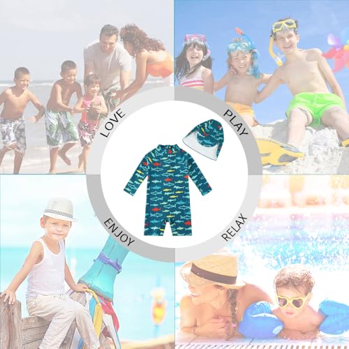 upandfast Baby/Toddler Swimsuit UPF 50+ Sun Protection One Piece Zipper Bathing Suit with Sun Hat Infant Beach Swimwear (Peacock Blue Shark,3-6 Months) - Image 2