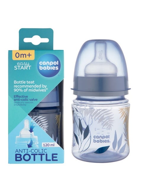 Canpol Babies EasyStart Anti-Colic Feeding Bottle | Blue Leaf Design | 120 ml | 0m+ | BPA Free | Soft Silicone Teat | Natural Flow
