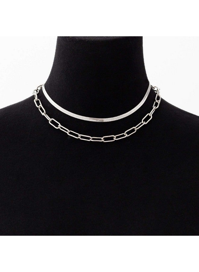 BaubleStar Link Layered Collar Necklace Silver Layering Paperclip Chain Herringbone Snake Choker Statement Fashion Jewelry For Women - Image 2