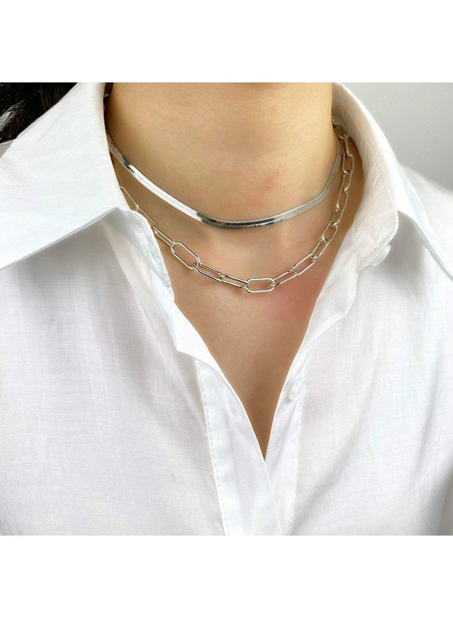BaubleStar Link Layered Collar Necklace Silver Layering Paperclip Chain Herringbone Snake Choker Statement Fashion Jewelry For Women - Image 3