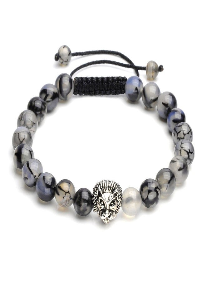 Jovivi 5 Pcs 8mm Handmade Natural Stone Bead Bracelets for Men Women Adjustable Lava Rock/Matte Agate/Picture/Dragonstone Lion Head Gemstone Beaded Bracelet Set Essential Oil Anxiety Jewelry - Image 3