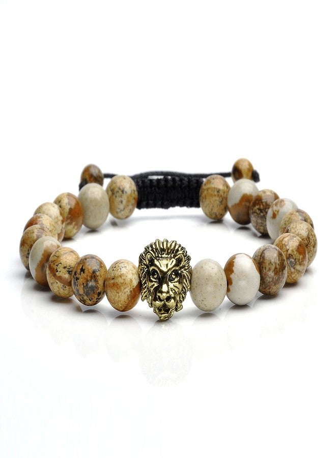 Jovivi 5 Pcs 8mm Handmade Natural Stone Bead Bracelets for Men Women Adjustable Lava Rock/Matte Agate/Picture/Dragonstone Lion Head Gemstone Beaded Bracelet Set Essential Oil Anxiety Jewelry - Image 2