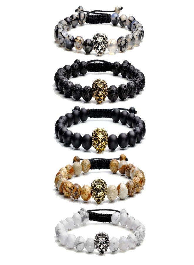 Jovivi 5 Pcs 8mm Handmade Natural Stone Bead Bracelets for Men Women Adjustable Lava Rock/Matte Agate/Picture/Dragonstone Lion Head Gemstone Beaded Bracelet Set Essential Oil Anxiety Jewelry - Image 1