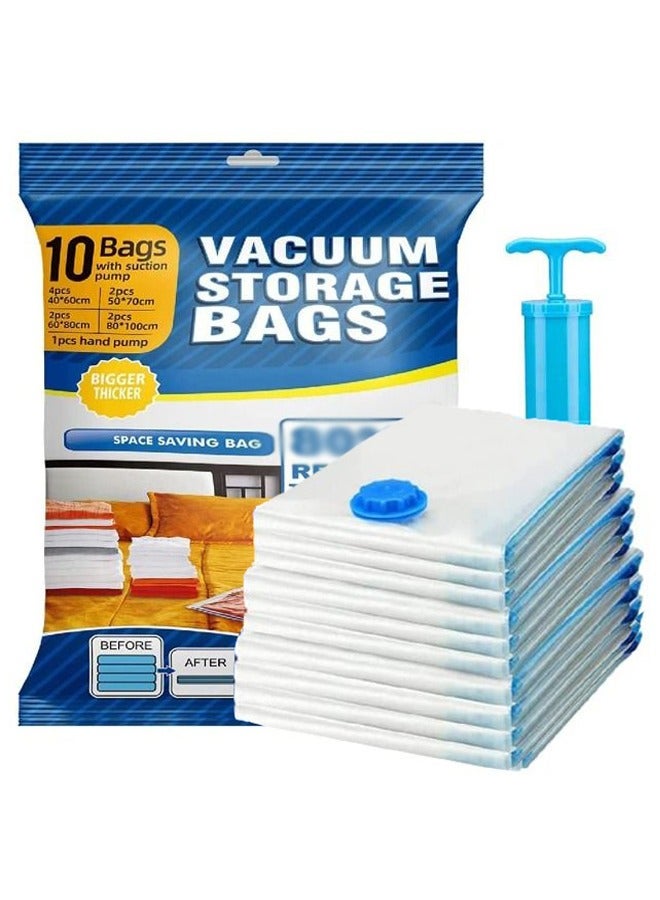 10 Pack Vacuum Storage Bags 1 pcs (80x100cm) +3 pcs (50x90cm) 3 pcs (50x70), 3pcs (40x60) Reusable vacuum bag for packing ,Clothe, Blanket, Pillow, Travel (with Suction Pump) PSLJH224