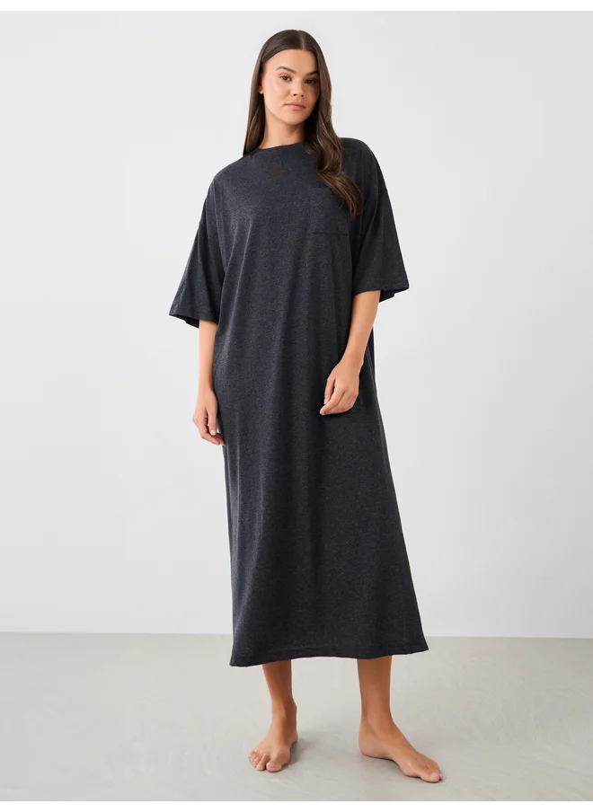 ستايلي Styli Unwind Solid Dropped Shoulder Pocket Detail Nightdress with Side Slit